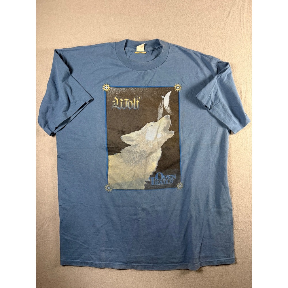 Vintage Open Trails Wolf Graphic T-Shirt Blue Made in USA 90s Nature Tee Large